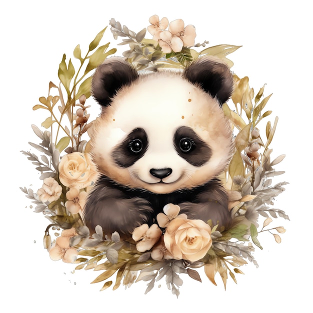 Śliczna panda akwarelowa z ilustracją kwiatów i roślin boho