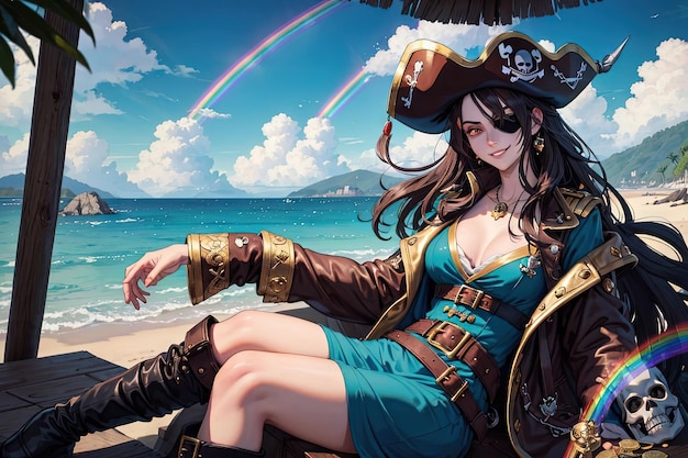 Śliczna piratka na ilustracji wyspy skarbów