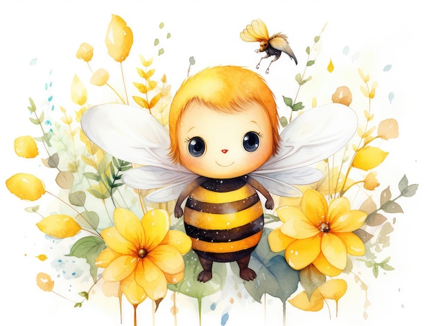 Śliczna pszczoła akwarela wokół ilustracji kwiatów dla dzieci
