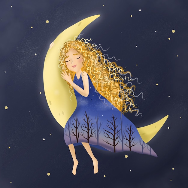 Zdjęcie Śliczna śpiąca dziewczyna siedzi na księżycu gwiazdy i drzewa ilustracja magiczna i tajemnicza