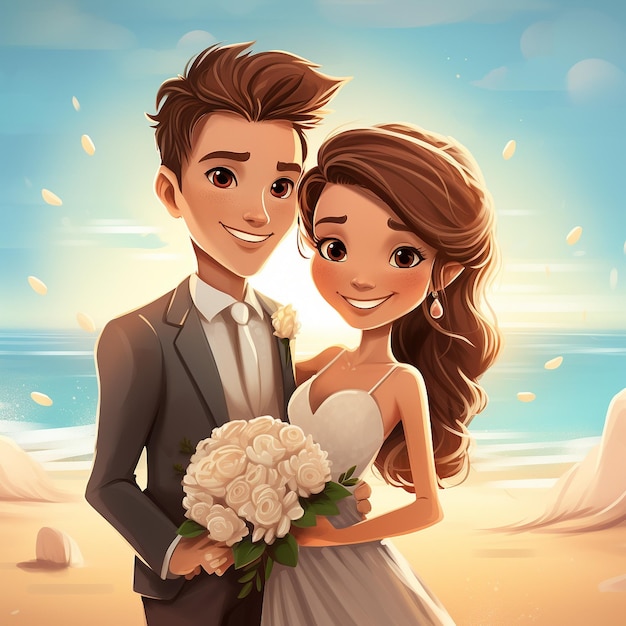 Śliczna szczęśliwa kreskówka poślubiła na plaży