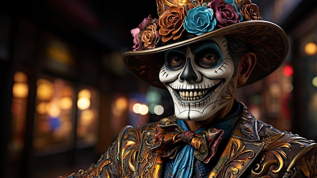 Śliczna uśmiechnięta postać z kreskówki Day of the Dead Dia de Muertos