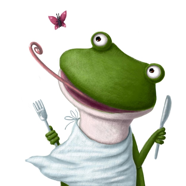 Śliczna zabawna żaba mająca śniadanie w stylu akwareli ilustracja pokój dziecięcy clipart