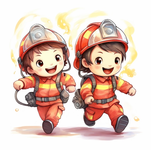 Zdjęcie Śliczne dwa kreskówki dziecko strażak mężczyzna działa ilustracja ai wygenerowana sztuka