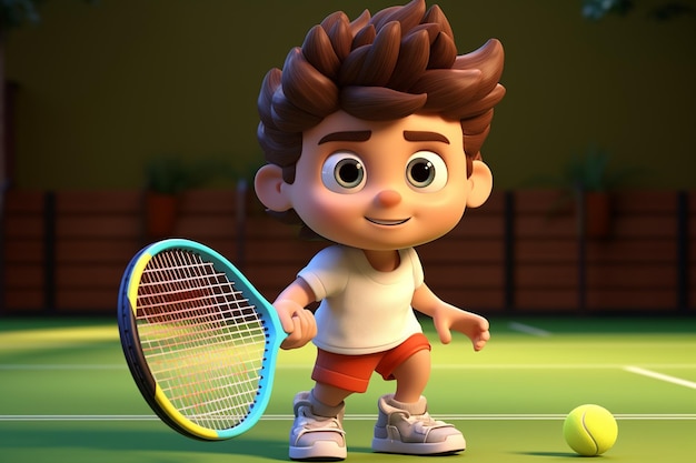 Śliczne dziecko tenisisty z kreskówek 3D