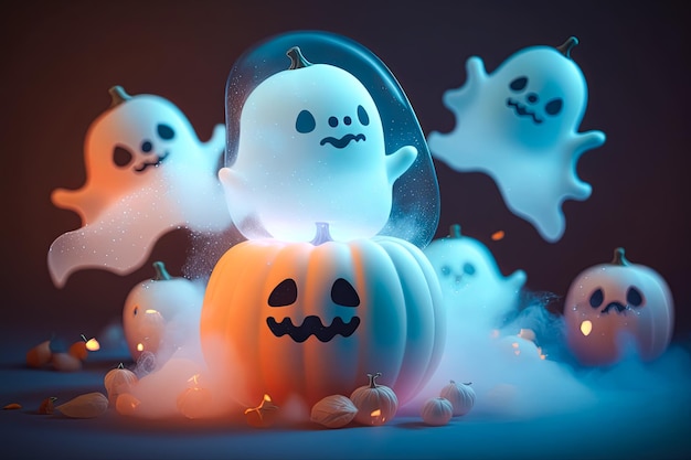 Śliczne małe duchy latające wokół dyni Halloweenowej ilustracji tła motywu