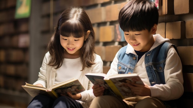 Śliczne małe dzieci czytające książkę w bibliotece Utworzono za pomocą technologii Generative AI