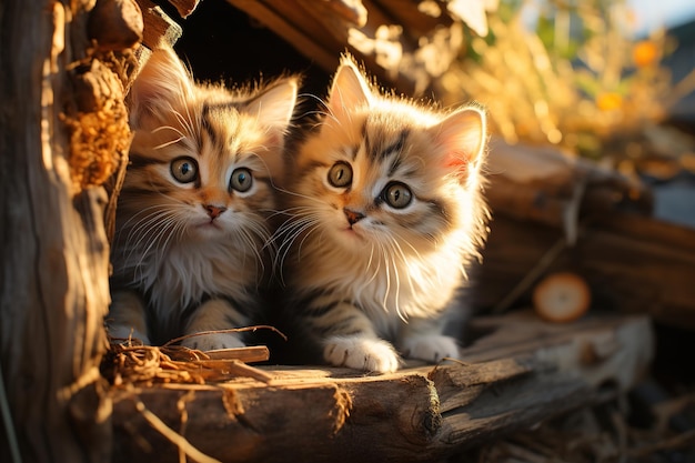 Śliczne małe kocięta siedzą w drewnianym domu o zachodzie słońca