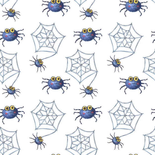 Zdjęcie Śliczne niebieskie pająki i pajęczyny akwarela ilustracja na halloween