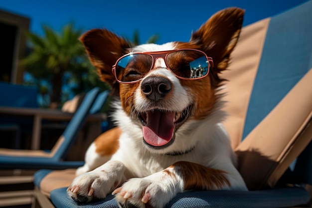 Śliczne okulary przeciwsłoneczne dla psów chihuahua i pomarańczowe okulary przeciwsłoneczne z okularami przeciwsłonecznymi relaksującymi się w basenie w baseniegenerative ai