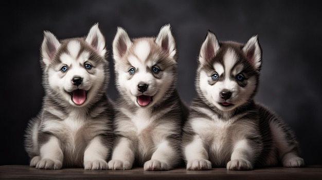 Śliczne podekscytowane szczenięta Siberian Husky na minimalistycznym tle Generative AI