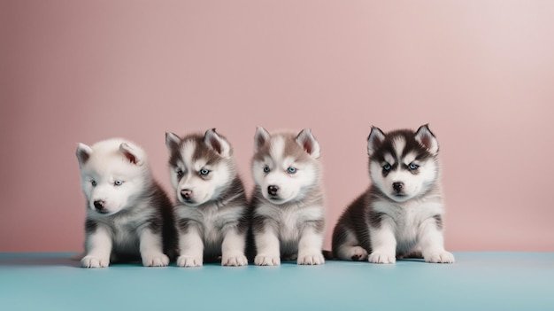 Śliczne podekscytowane szczenięta Siberian Husky na minimalistycznym tle Generative AI