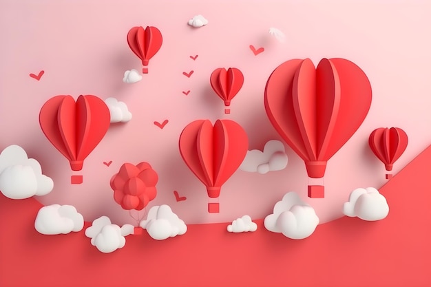 Śliczne tło w stylu papierowym z białymi chmurami i czerwonymi balonami Walentynki koncepcja transparent