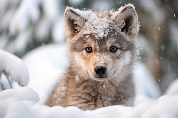 Śliczne wilcze dziecko w zimowym śniegu Generacyjna sztuczna inteligencja