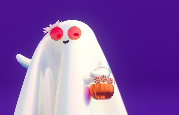 Zdjęcie Śliczny 3d charakter ducha halloween trzymający kosz z dyni halloween tło
