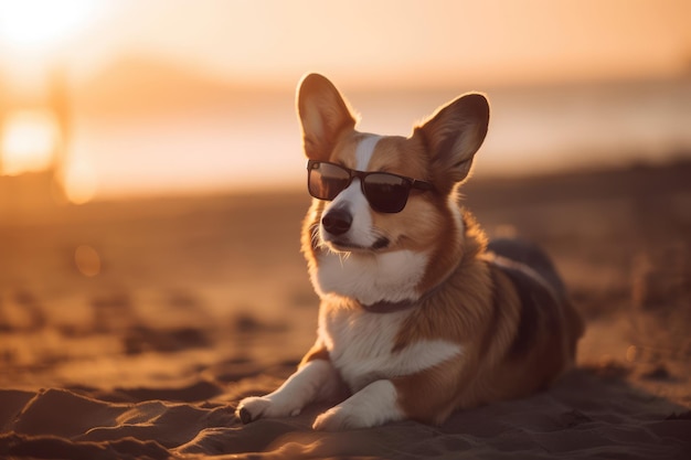 Śliczny corgi w okularach przeciwsłonecznych przy plażowym światłem generatywnym ai