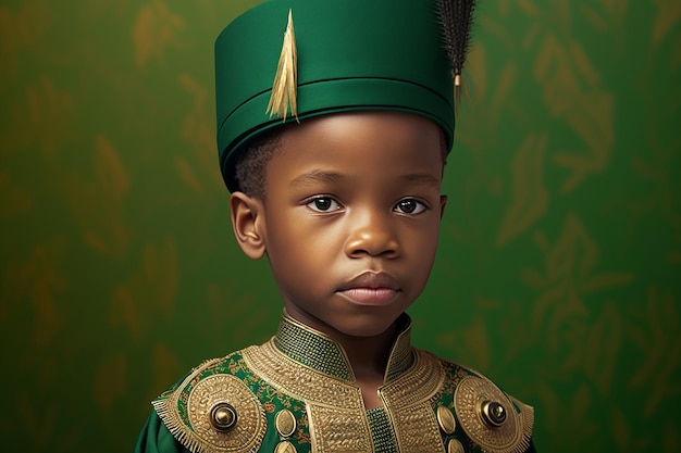 Zdjęcie Śliczny czarny chłopiec ma na sobie afrykański strój narodowy wyizolowany na zielonym tle generatywne ai