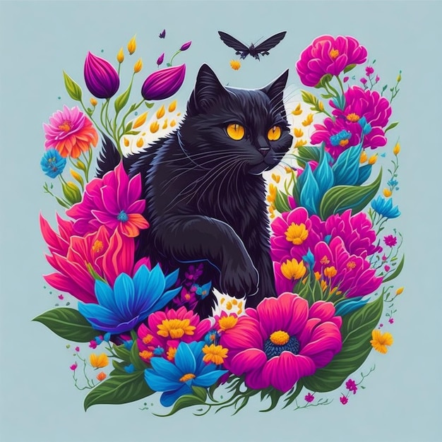 Śliczny czarny kot i kolorowe kwiaty 13