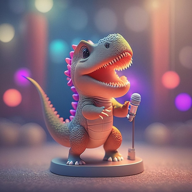 Śliczny dinozaur śpiewa z mikrofonem na scenie 3d ilustraci