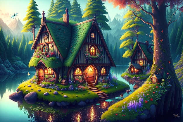 Śliczny dom fantasy bajkowy mały domek w magicznym lesie