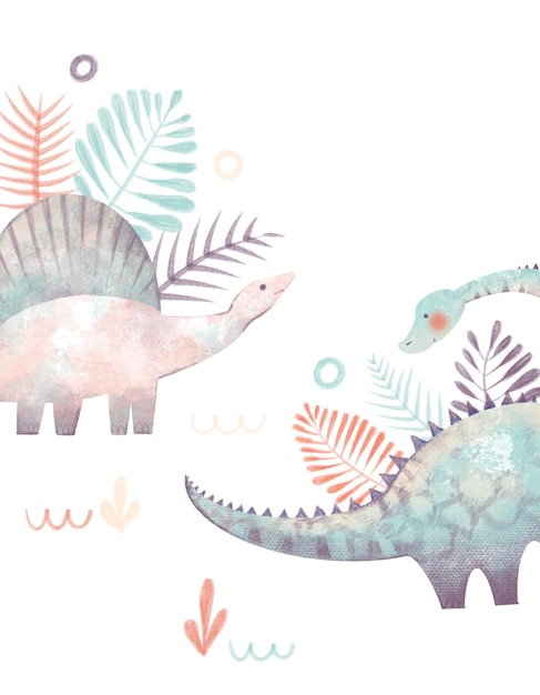 Śliczny dziecinny zestaw z ilustracją dinozaurów doodles liście palmowe na białym tle