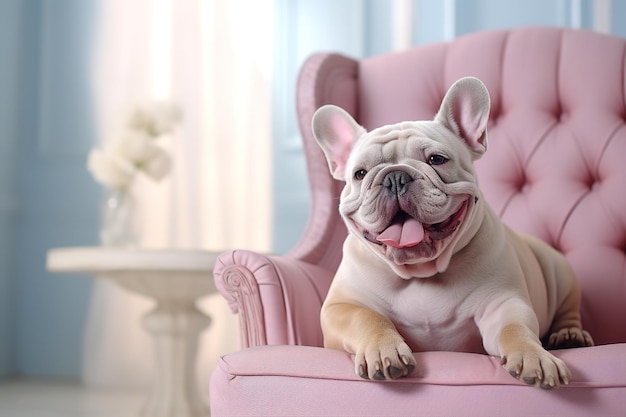 Śliczny gruby szczęśliwy buldog francuski leżący na miękkim różowym fotelu