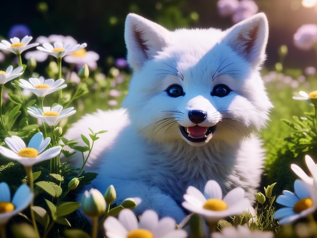 Śliczny i uroczy mały biały lis leży w kolorowych kwiatach Generacyjna sztuczna inteligencja