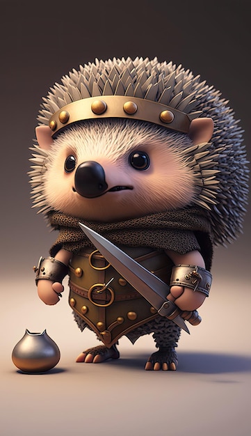 Śliczny jeż Animal Warrior Model gry 3D Generative AI