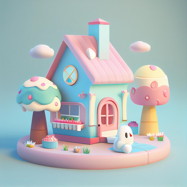Śliczny kawaii dom 3d renderuje ilustrację w pastelowych kolorach