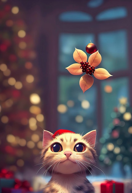 Śliczny kot z bożonarodzeniowym kostiumem kot w świątecznej scenerii animowana ilustracja