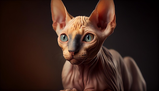 Śliczny kotek bezwłosy sfinks wpatrujący się w generatywną sztuczną inteligencję kamery