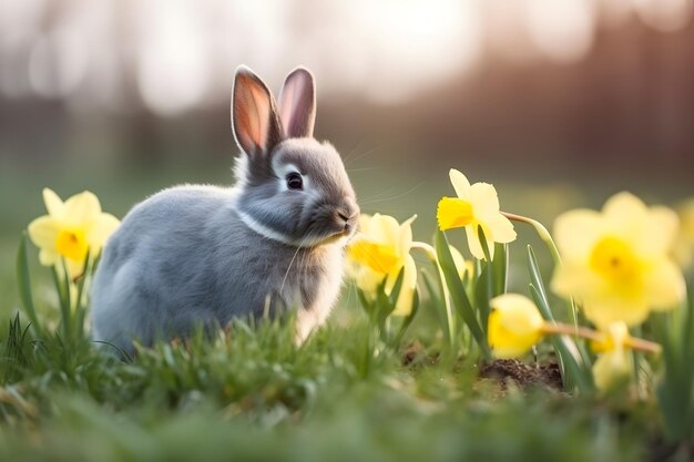Śliczny króliczek siedzi na zielonej wiosennej łące pola z żółtymi kwiatami narcyza w tle natury Wielkanocna koncepcja z królikiem AI generowana