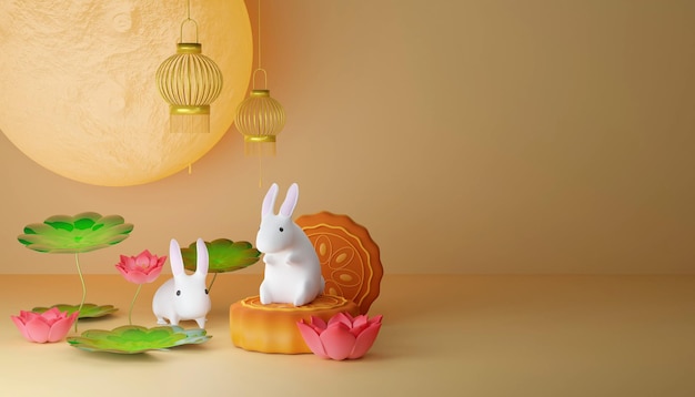Śliczny królik i ciasto księżycowe Chiński festiwal Mid Autumn Mid Autumn 3d render