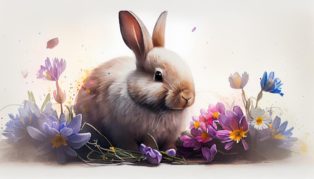 Śliczny królik w kwiatach mały królik akwarela Wielkanocny akwarela tło z króliczkiem królikiem