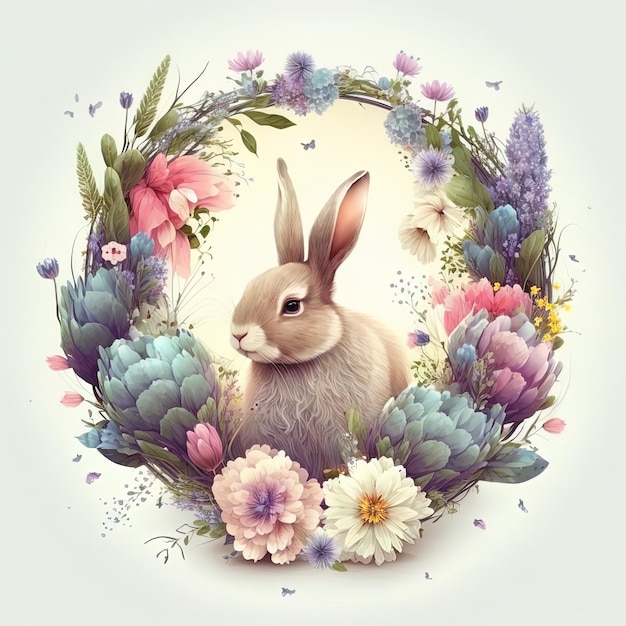 Śliczny królik z kwiatami