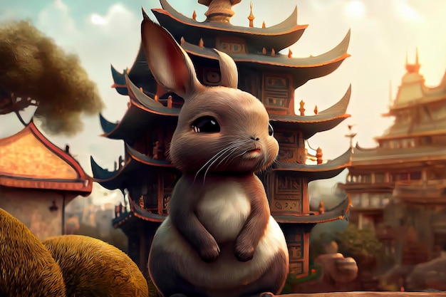 Zdjęcie Śliczny królik z pagodą w tle