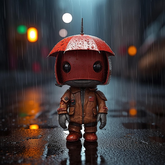 Śliczny mały robot stojący w deszczu