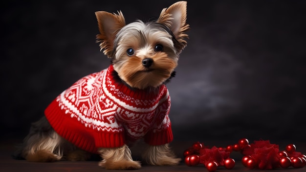 Śliczny mały szczeniak yorkshire terrier w Boże Narodzenie
