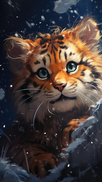 śliczny mały tygrys w leśnym nocnym śniegu
