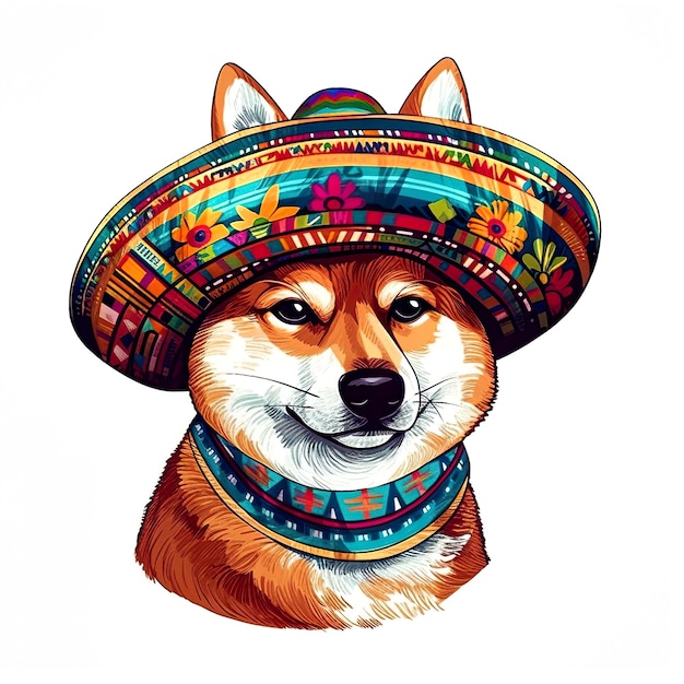 Śliczny meksykański pies shiba inu w generatywnej ilustracji ai sombrero