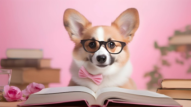 Śliczny pies corgi profesor ze stosem książek na różowym tle Obraz generowany przez AI