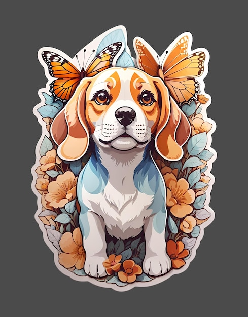 Śliczny pies rasy Beagle Motyl i kwiaty Naklejka Vintage Vector Akwarela t shirt design print