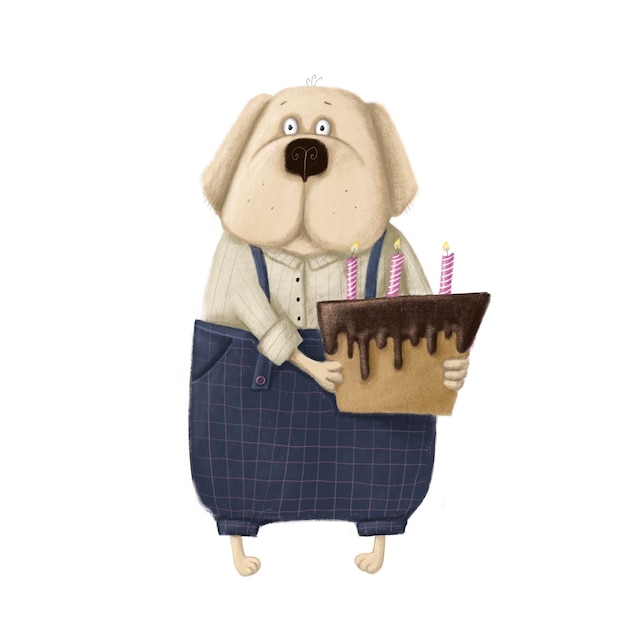 Śliczny pies urodzinowy z ciastem i świecami w stylu akwareli ilustracja kartka świąteczna z postacią z kreskówek