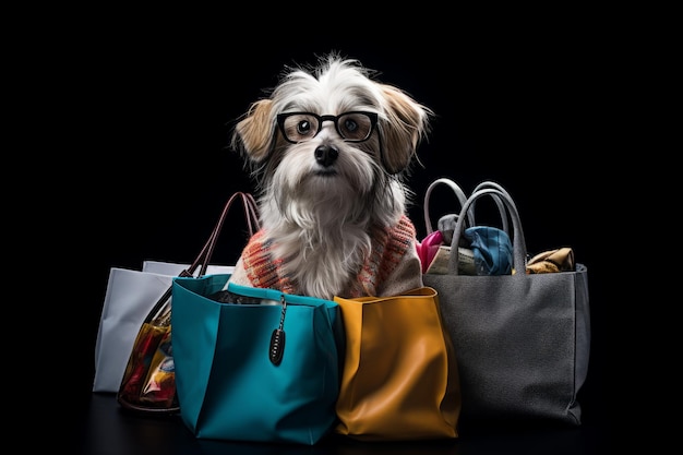 Śliczny pies w okularach przeciwsłonecznych z torbami na zakupy na niebieskim tle