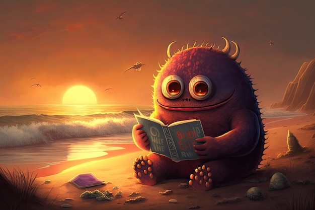 Śliczny potwór czyta książkę na plaży z zachodem słońca w tle