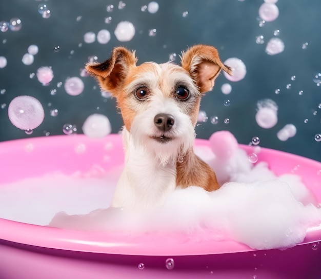 Śliczny psi portret zbliżenie w łazience w szamponie w ręczniku Pielęgnacja i pielęgnacja psa