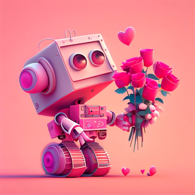 Śliczny robot z bukietem kwiatów Walentynki Ilustracja stworzona przez technologię Generative AI