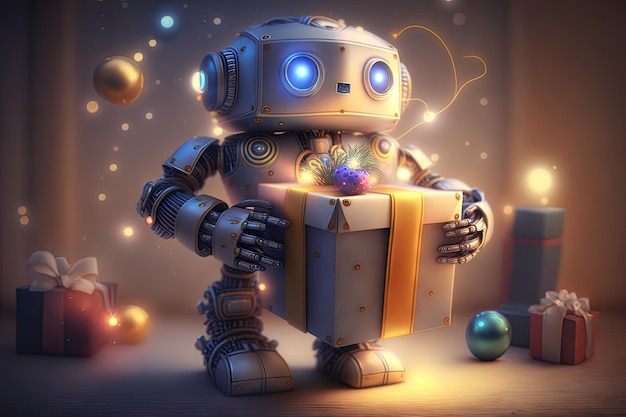 Śliczny robot z pudełkiem na prezent otoczonym świątecznymi dekoracjami i światłami