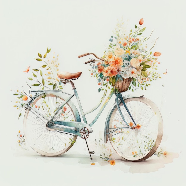 Śliczny rower akwarelowy z kwiatami ilustrowany generatywną sztuczną inteligencją