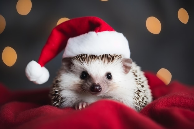 Śliczny świąteczny jeż bożonarodzeniowy w kapeluszu Świętego Mikołaja